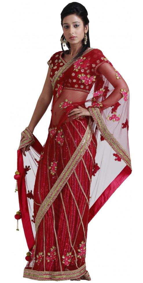 Buy Online Indian Designer Red Stitched Net Saree